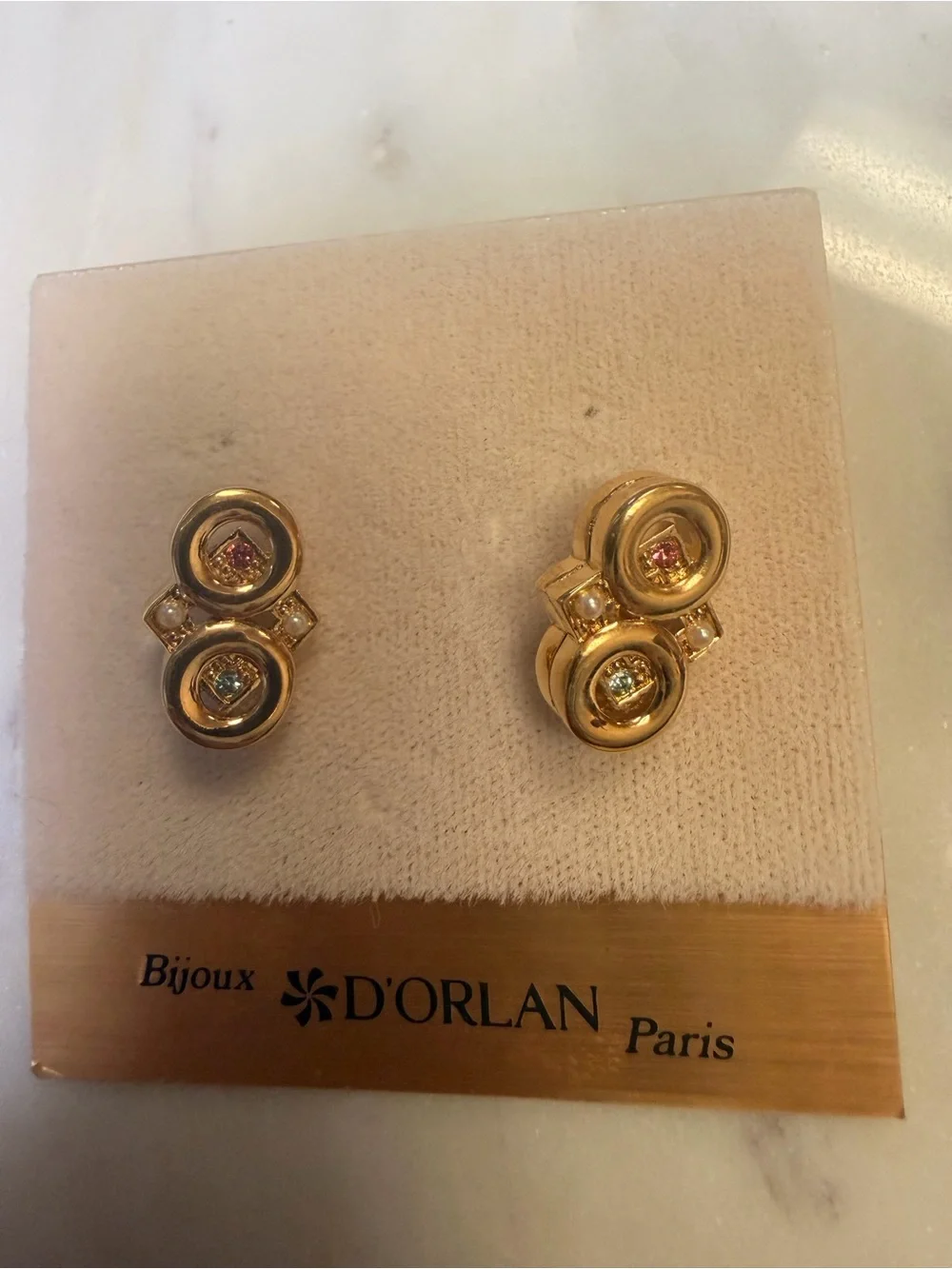 D'Orlan Gold-Plated Double Circle Stud Earrings with Pink & Blue Stones